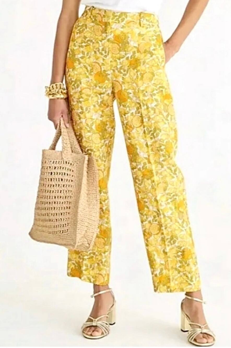 J. Crew Ingrid Limone Lemon Print Linen Cropped Pants Size 8 Altered Waist